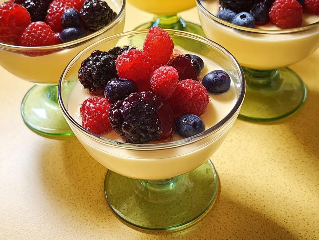 Close-up of Classic Vanilla Bean Panna Cotta topped with fresh raspberries, blackberries, and blueberries in green-stemmed glasses.