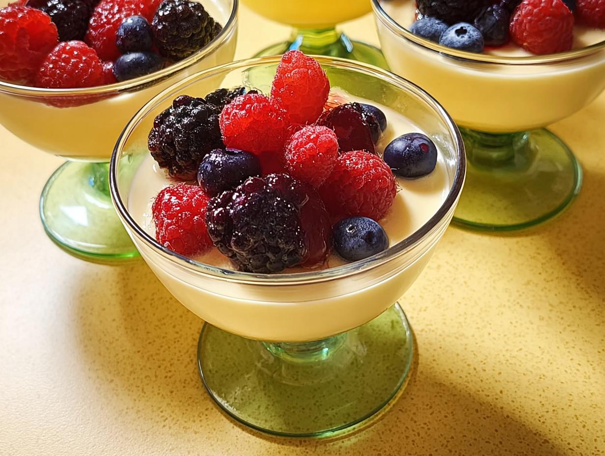 Close-up of Classic Vanilla Bean Panna Cotta topped with fresh raspberries, blackberries, and blueberries in green-stemmed glasses.