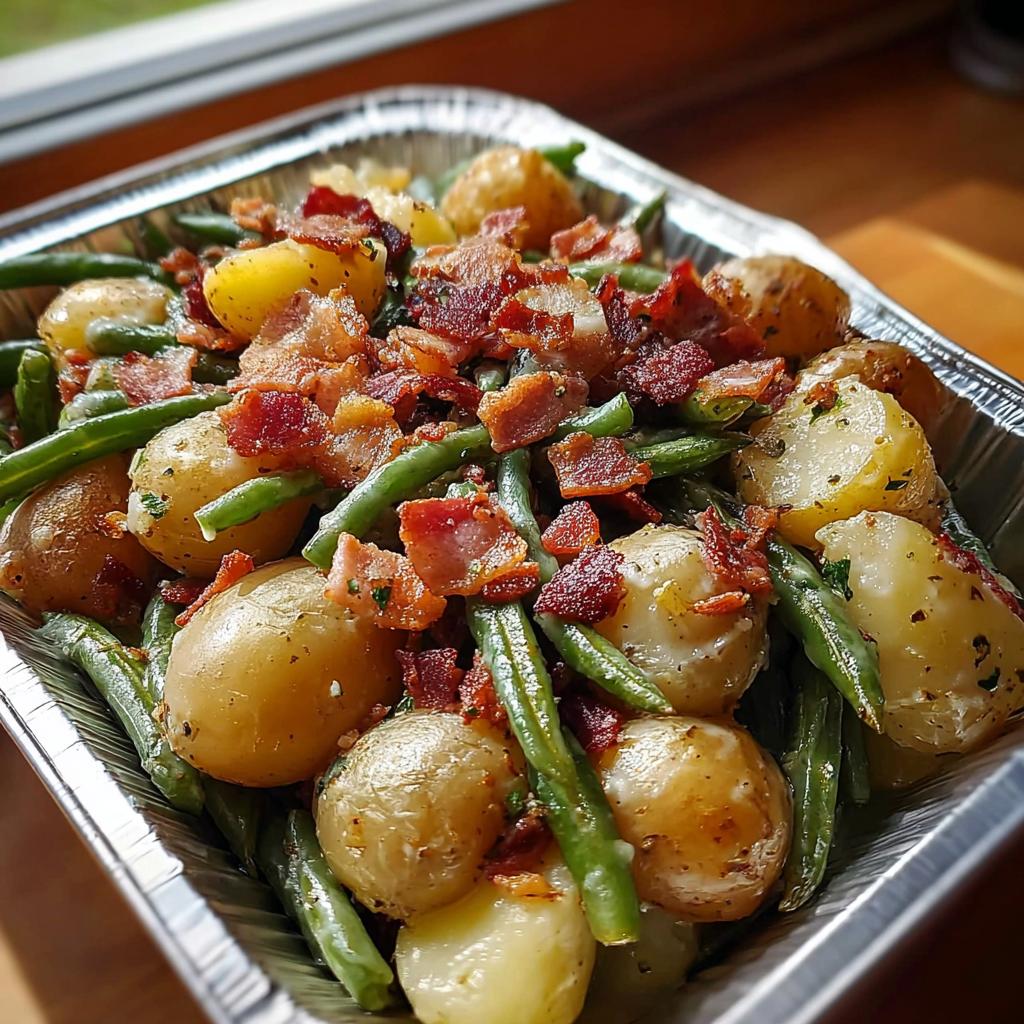 Close-up of Country Ranch Green Beans Potatoes with Bacon served in a foil container.