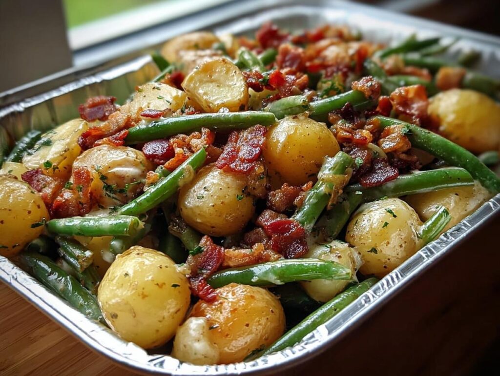 Close-up of Country Ranch Green Beans and Potatoes with Bacon served in a foil baking dish.