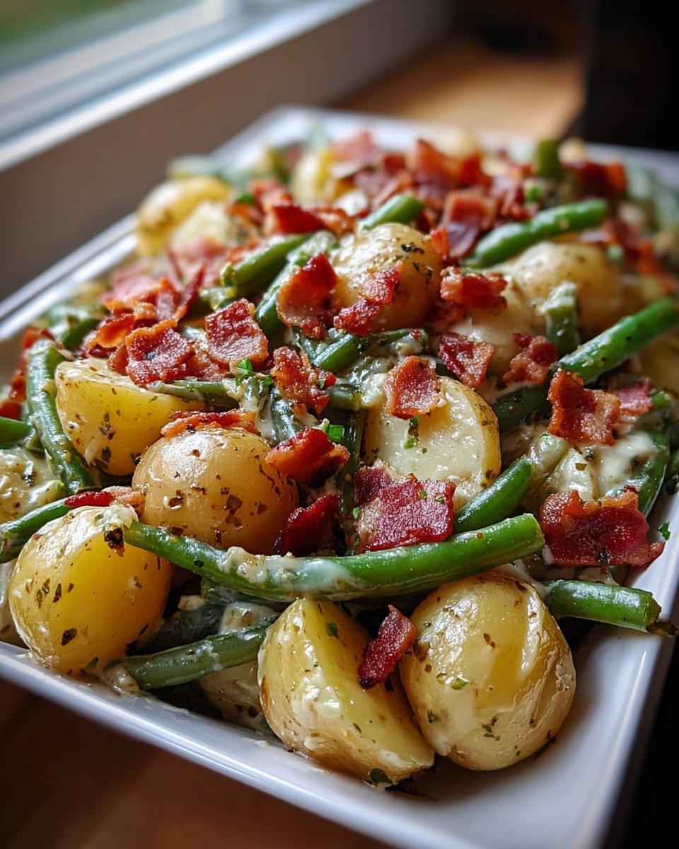 A close-up of Country Ranch Green Beans and Potatoes with Bacon, showing chunks of potato, green beans, and crumbled bacon.