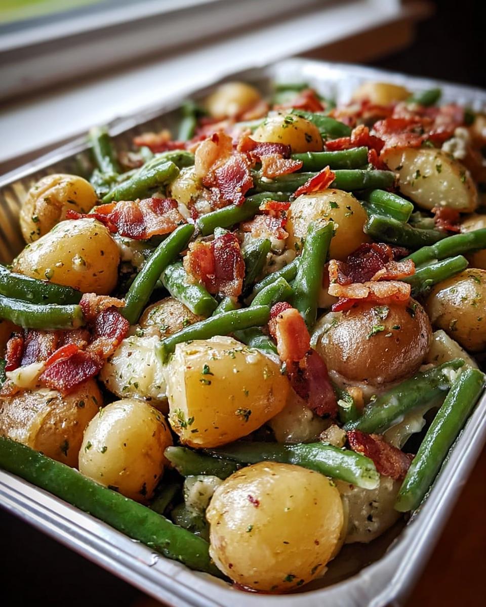 Close-up of Country Ranch Green Beans and Potatoes with Bacon mixed together in a serving dish.