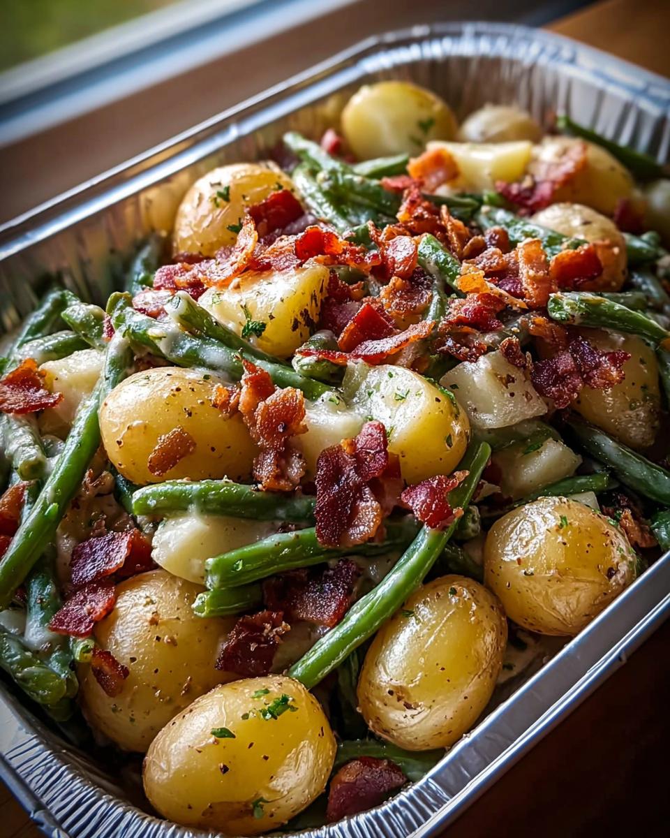 Close-up of Country Ranch Green Beans and Potatoes with Bacon in a foil pan, coated in a creamy sauce.