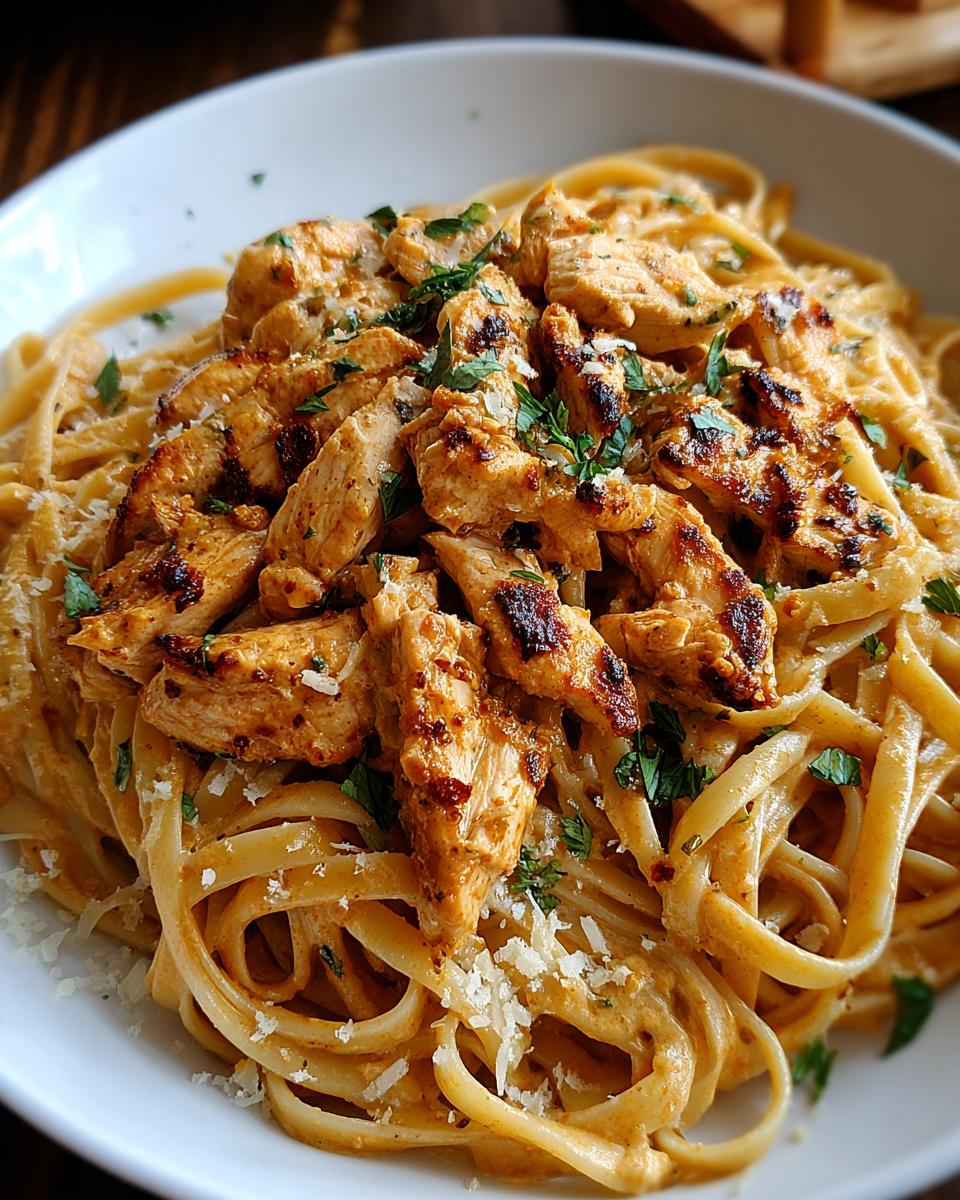 Close-up of a white bowl filled with creamy Cowboy Butter Chicken Linguine, topped with seasoned chicken pieces and parsley.