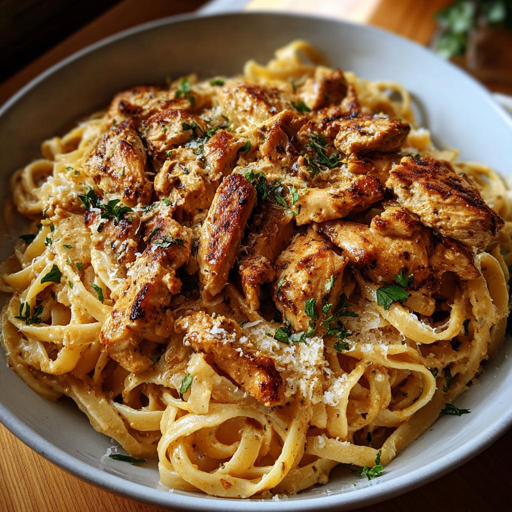 A close-up of creamy Cowboy Butter Chicken Linguine topped with grilled chicken pieces and grated Parmesan cheese.