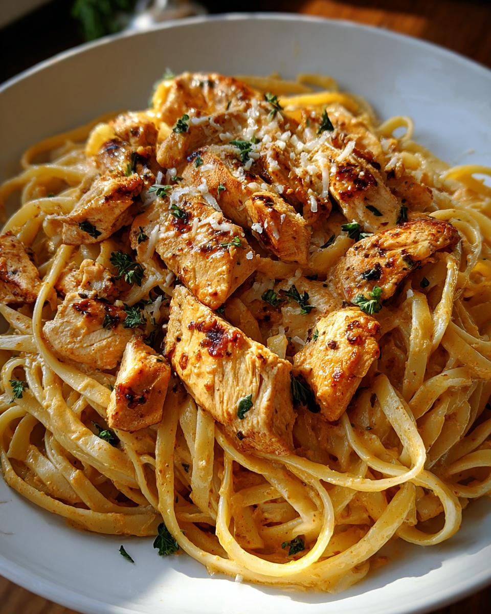 Close-up of Cowboy Butter Chicken Linguine featuring grilled chicken pieces over creamy pasta, topped with cheese and parsley.