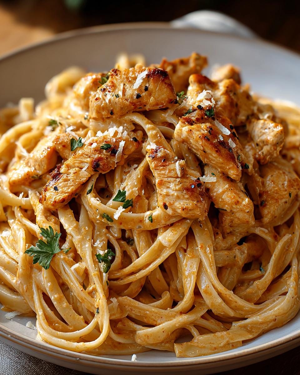 A close-up view of creamy Cowboy Butter Chicken Linguine topped with seasoned chicken pieces and grated cheese.
