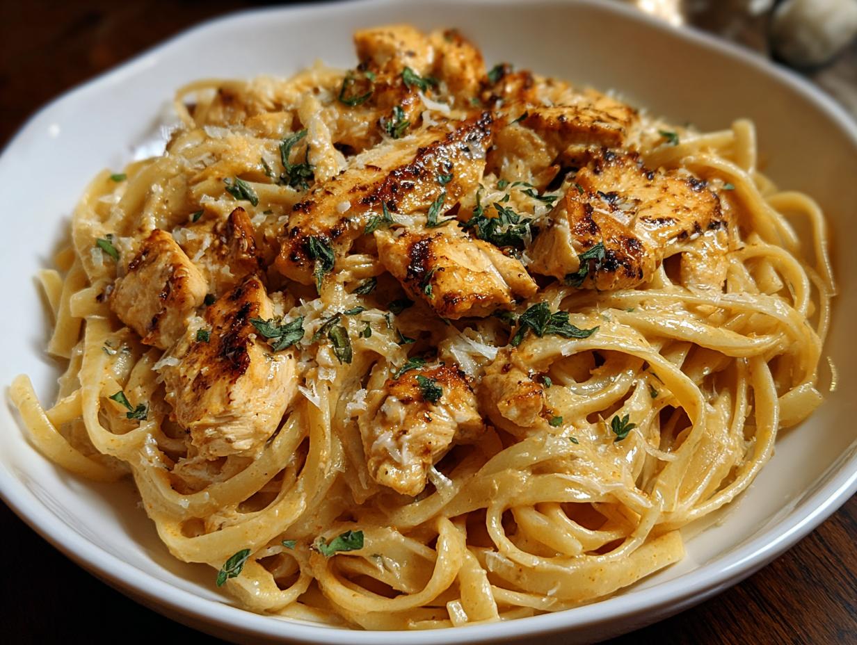 A close-up of creamy Cowboy Butter Chicken Linguine topped with grilled chicken pieces and fresh herbs.