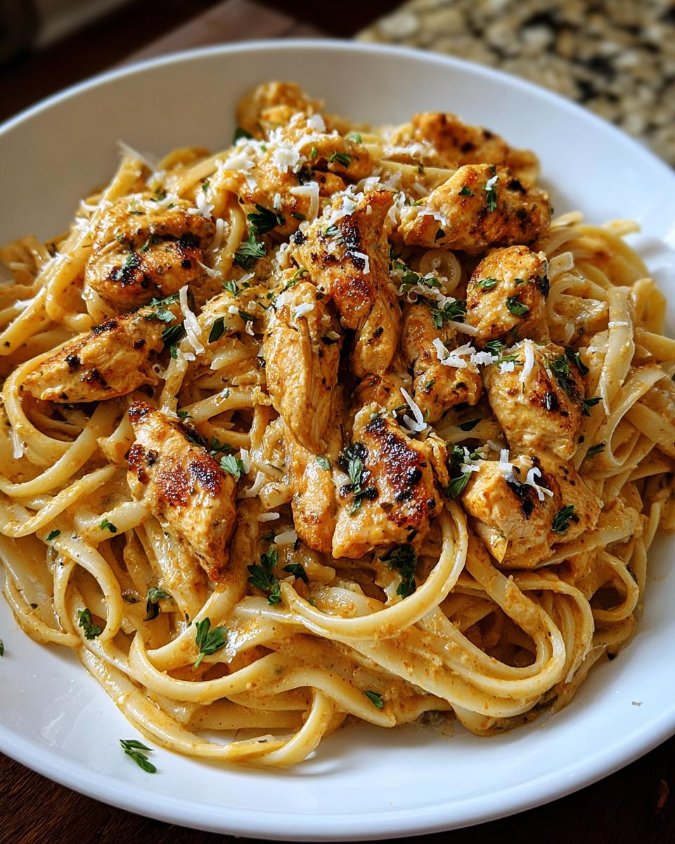 Close-up of Cowboy Butter Chicken Linguine with creamy sauce, grilled chicken pieces, and grated cheese.