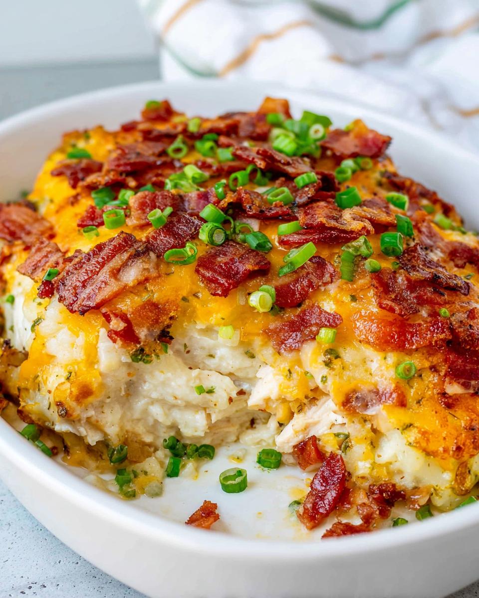 A serving spoon has taken a scoop out of the creamy Crack Chicken Casserole Bake, showing melted cheese, bacon, and green onions.