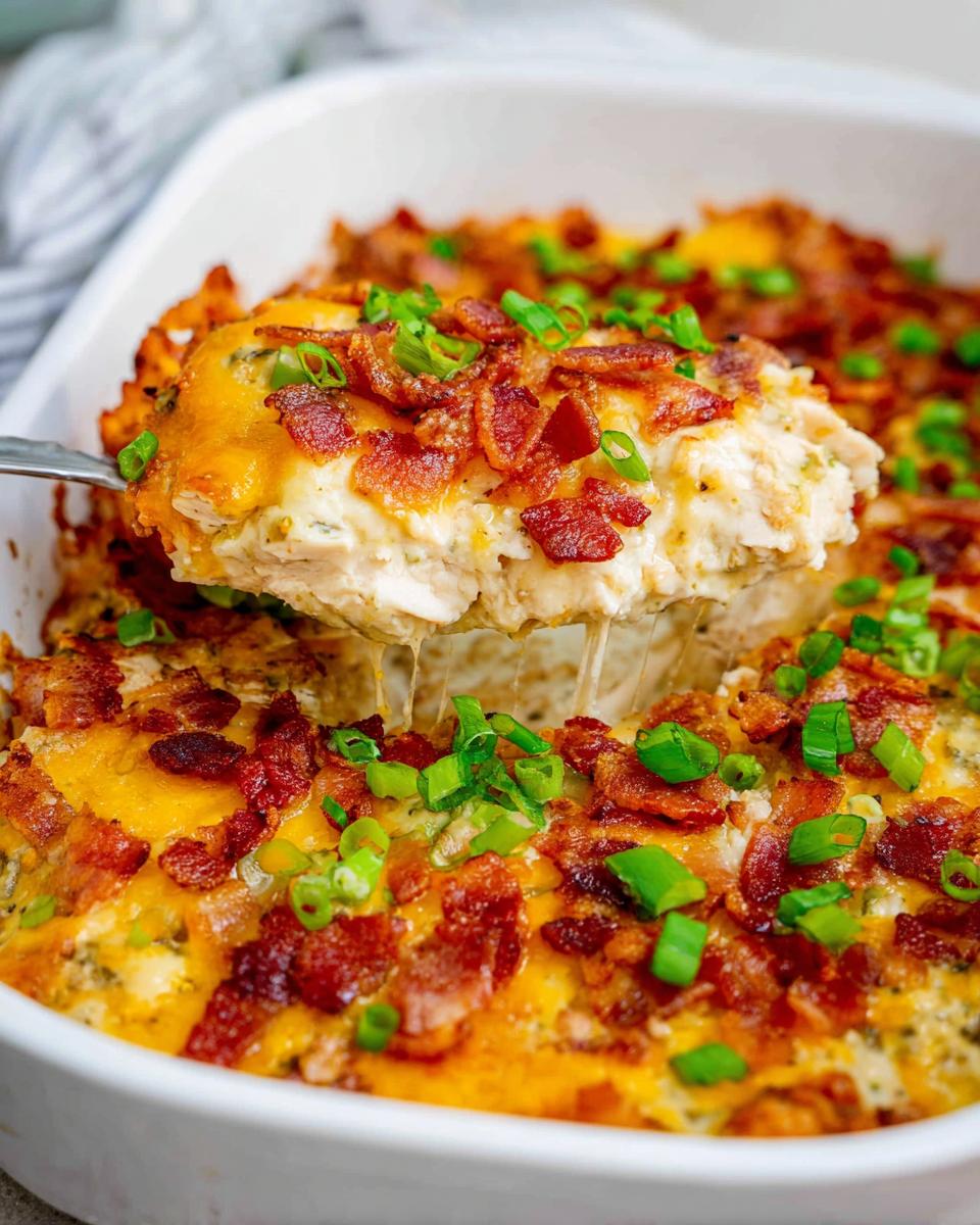 A serving spoon lifts a cheesy, creamy portion of Crack Chicken Casserole Bake topped with bacon and green onions.