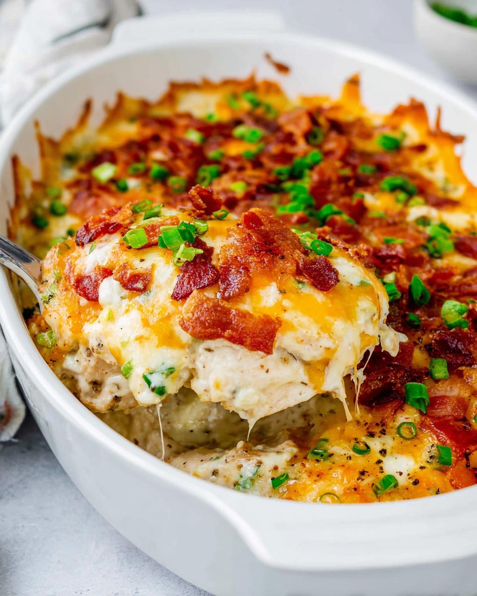 A spoonful of creamy Crack Chicken Casserole Bake topped with melted cheese, bacon, and green onions being lifted from a white dish.