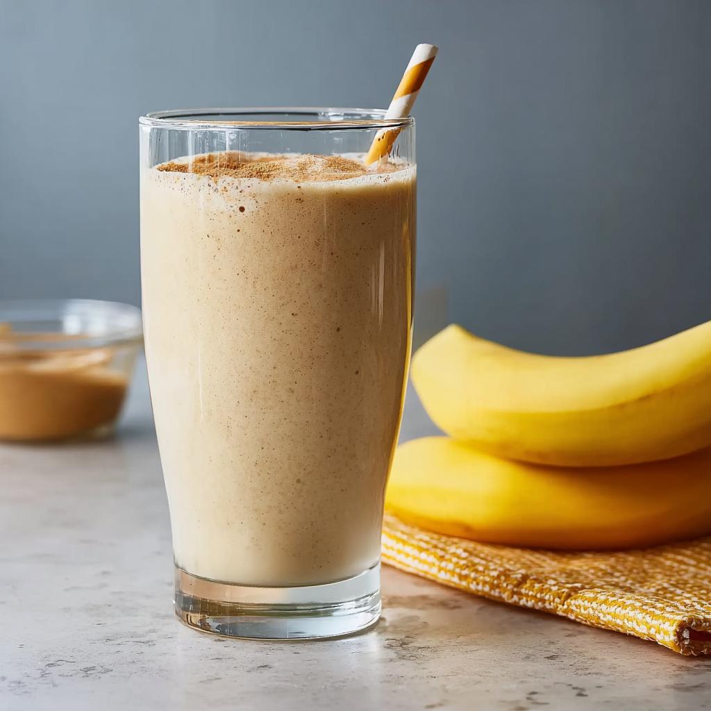 A tall glass of creamy banana smoothie topped with cinnamon, next to fresh bananas.
