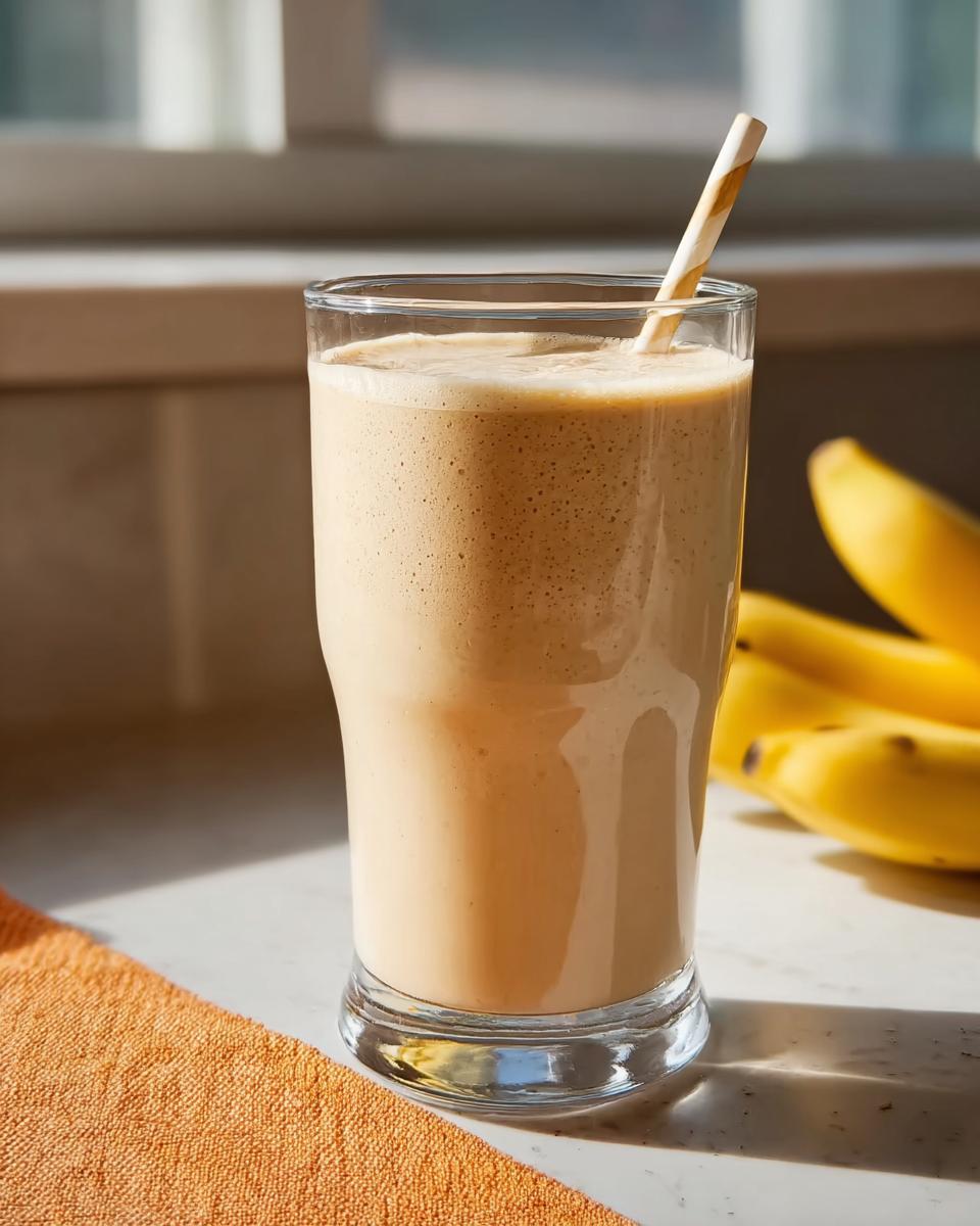A tall glass filled with a creamy, light brown banana smoothie, featuring a striped straw, with fresh bananas in the background.