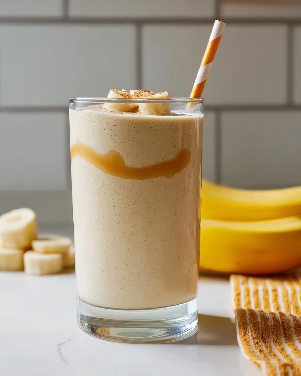 A tall glass of a creamy banana smoothie, drizzled with caramel and topped with banana slices.