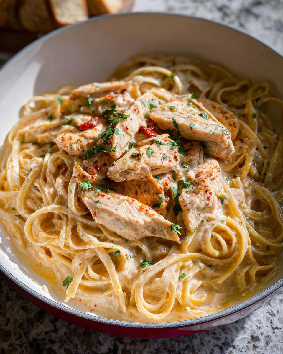 Close-up of a white bowl filled with Creamy Cajun Chicken Pasta, topped with sliced chicken and parsley.