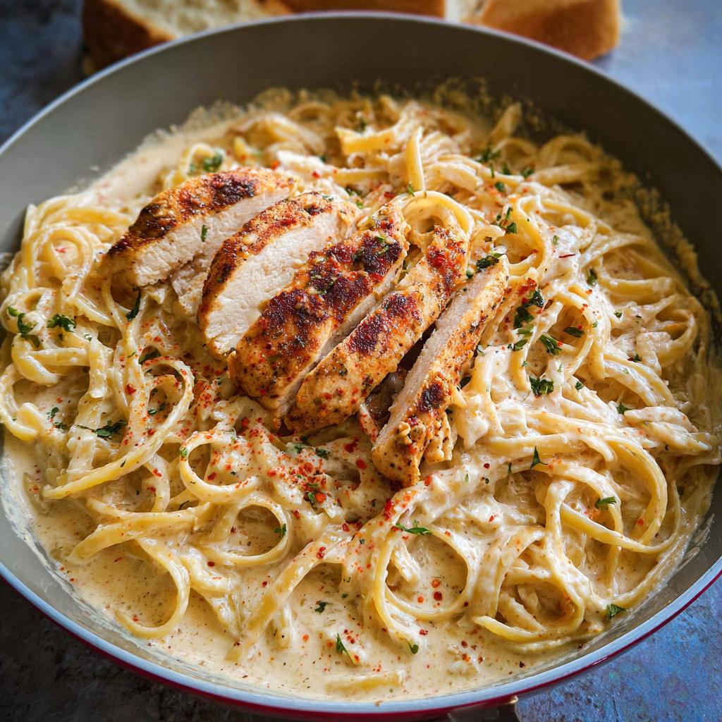 A close-up of Creamy Cajun Chicken Pasta featuring fettuccine coated in a rich sauce, topped with sliced, seasoned chicken breast.