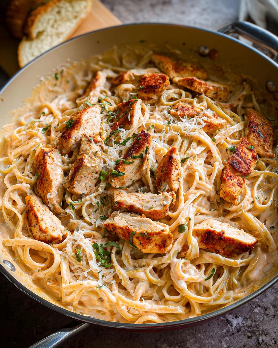 Close-up of Creamy Cajun Chicken Pasta in a skillet, topped with sliced, seasoned chicken and grated Parmesan cheese.