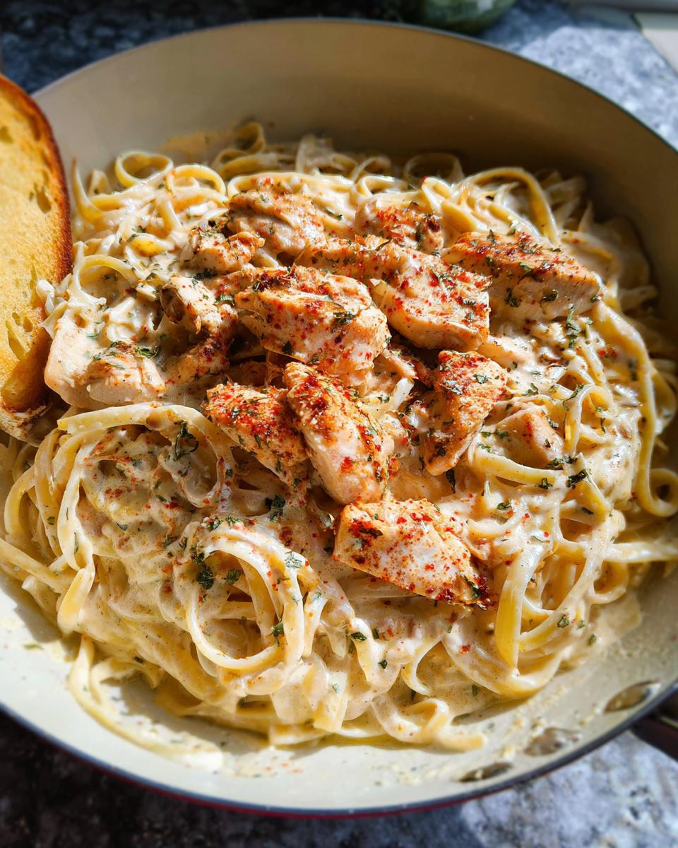Close-up of rich Creamy Cajun Chicken Pasta with fettuccine noodles, topped with seasoned chicken pieces.