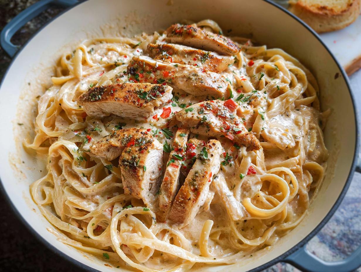 Close-up of rich Creamy Cajun Chicken Pasta featuring fettuccine noodles and sliced, seasoned chicken breast.