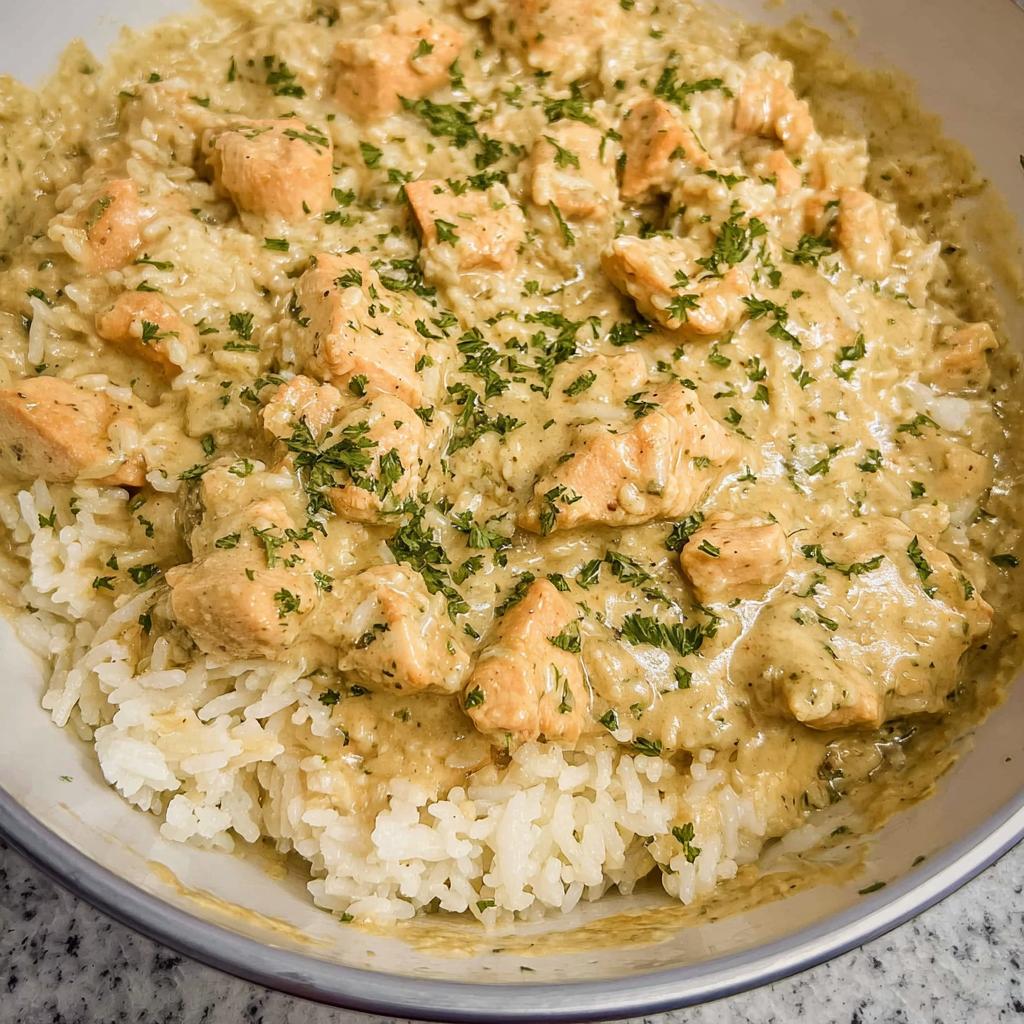 Close-up of a bowl of Creamy Chicken and Rice Skillet, topped with chopped parsley.