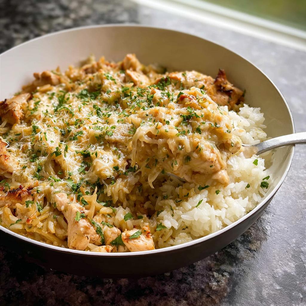 A creamy chicken and rice dish topped with melted cheese and parsley, served in a bowl with a spoon taking a bite. This is not Sheet Pan Chicken Fajitas.