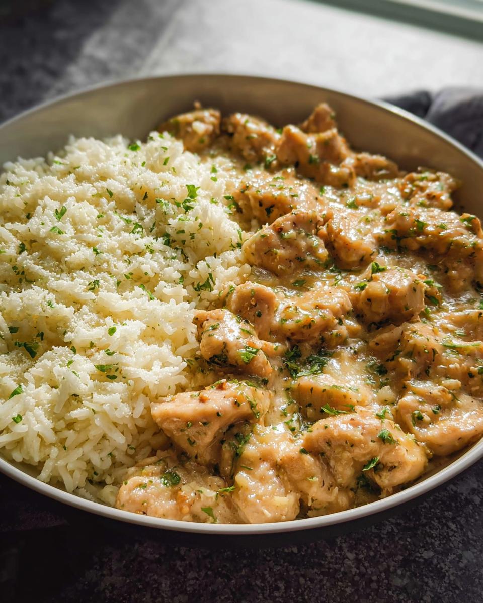 A bowl of creamy chicken pieces next to a mound of white rice, likely a variation of Sheet Pan Chicken Fajitas served differently.