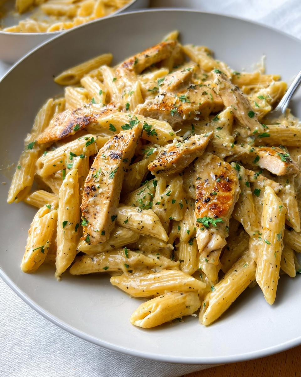 Close-up of penne pasta coated in a rich sauce with sliced grilled chicken, garnished with parsley for Creamy Garlic Parmesan Chicken Pasta.