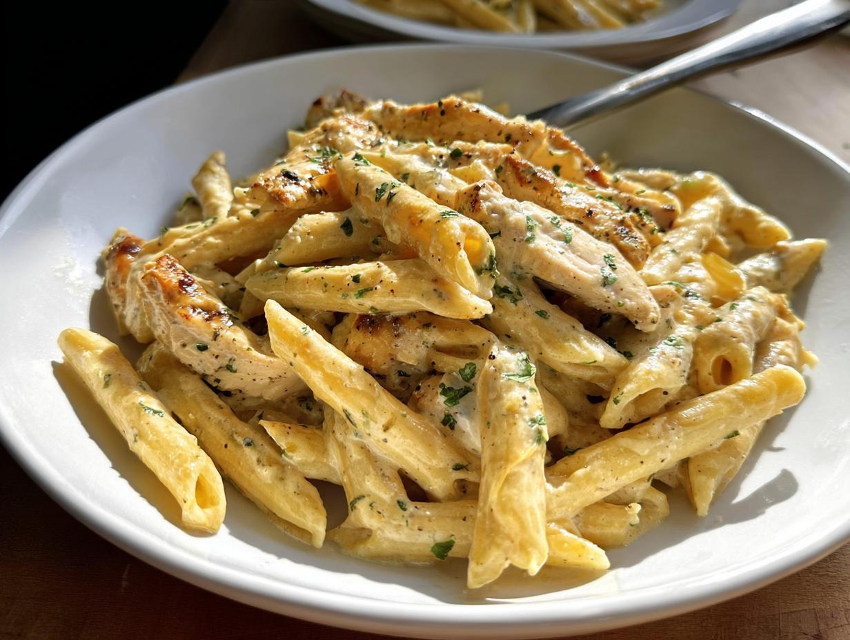 Close-up of a white bowl filled with Creamy Garlic Parmesan Chicken Pasta, featuring penne coated in sauce and sliced grilled chicken.