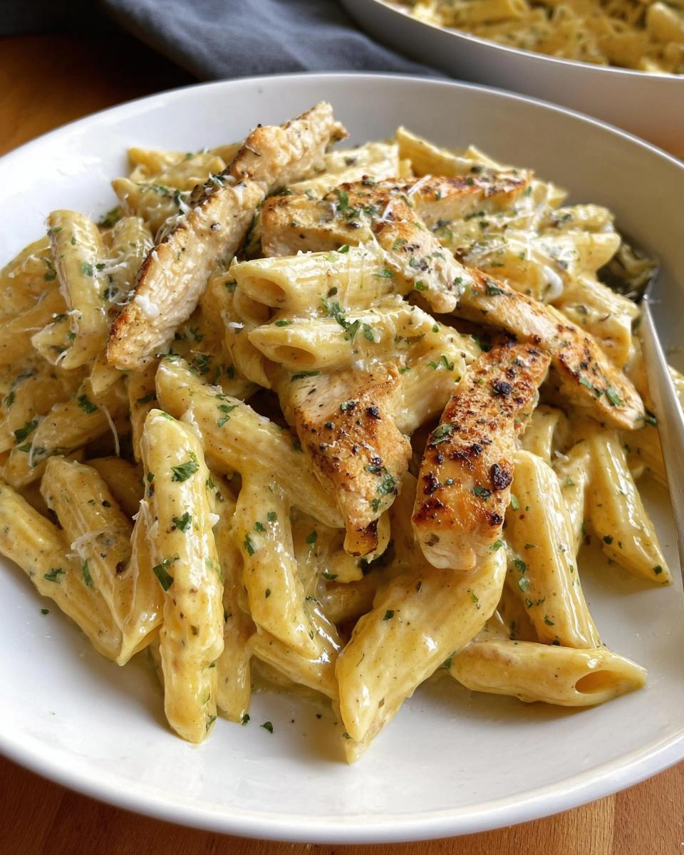 Close-up of penne pasta coated in rich sauce, topped with grilled chicken strips for Creamy Garlic Parmesan Chicken Pasta.