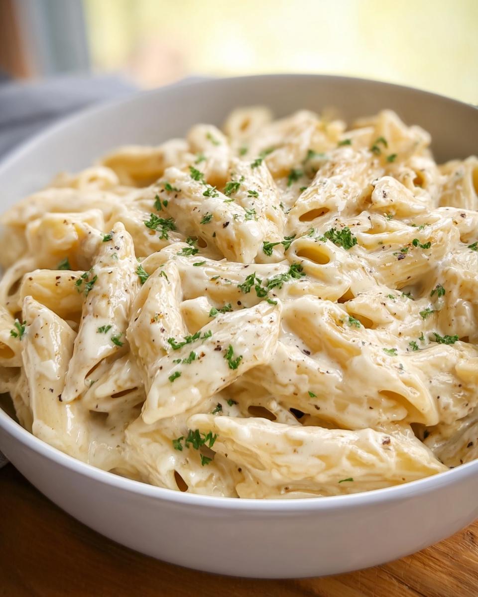 A close-up of a white bowl filled with rich Creamy Garlic Penne Pasta, garnished with fresh parsley.