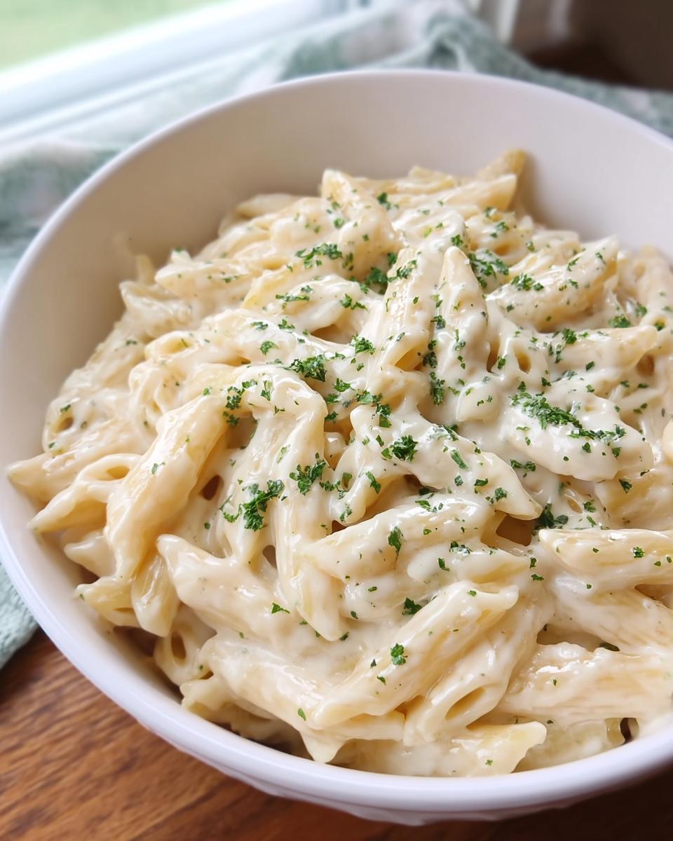 Close-up of a white bowl filled with rich Creamy Garlic Penne Pasta, topped with fresh chopped parsley.
