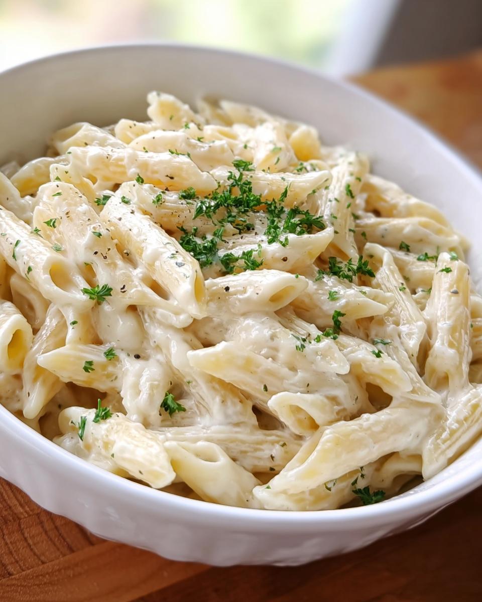 Close-up of a white bowl filled with rich Creamy Garlic Penne Pasta topped with fresh parsley.