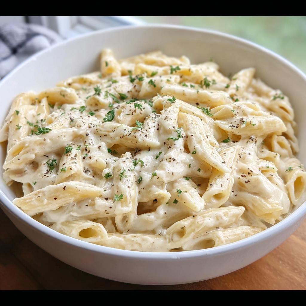 Close-up of a white bowl filled with rich Creamy Garlic Penne Pasta, garnished with black pepper and fresh parsley.
