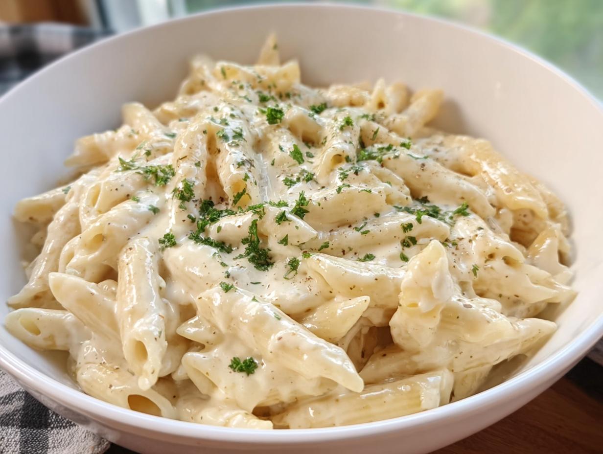 A close-up of a white bowl filled with rich Creamy Garlic Penne Pasta, topped with fresh parsley.