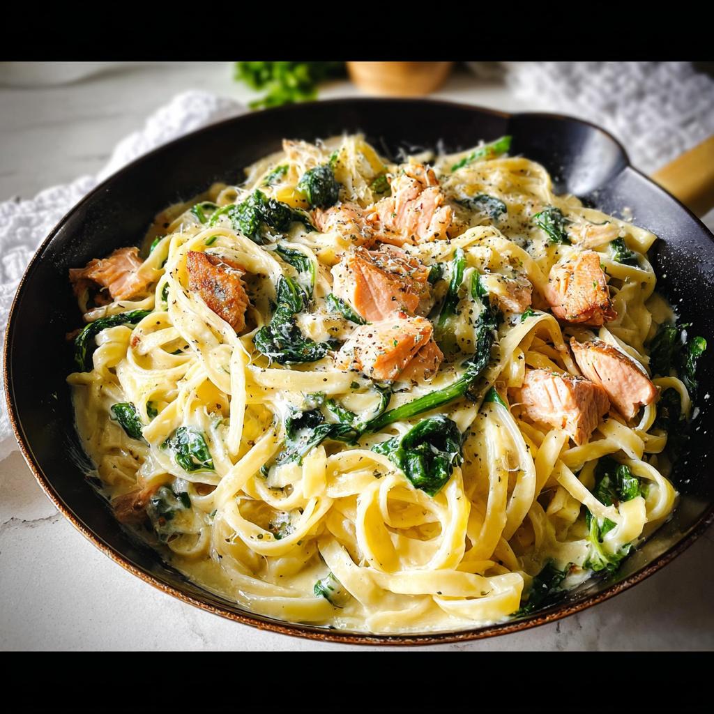 Close-up of Creamy Garlic Salmon Pasta Skillet with fettuccine, spinach, and chunks of salmon in a dark skillet.