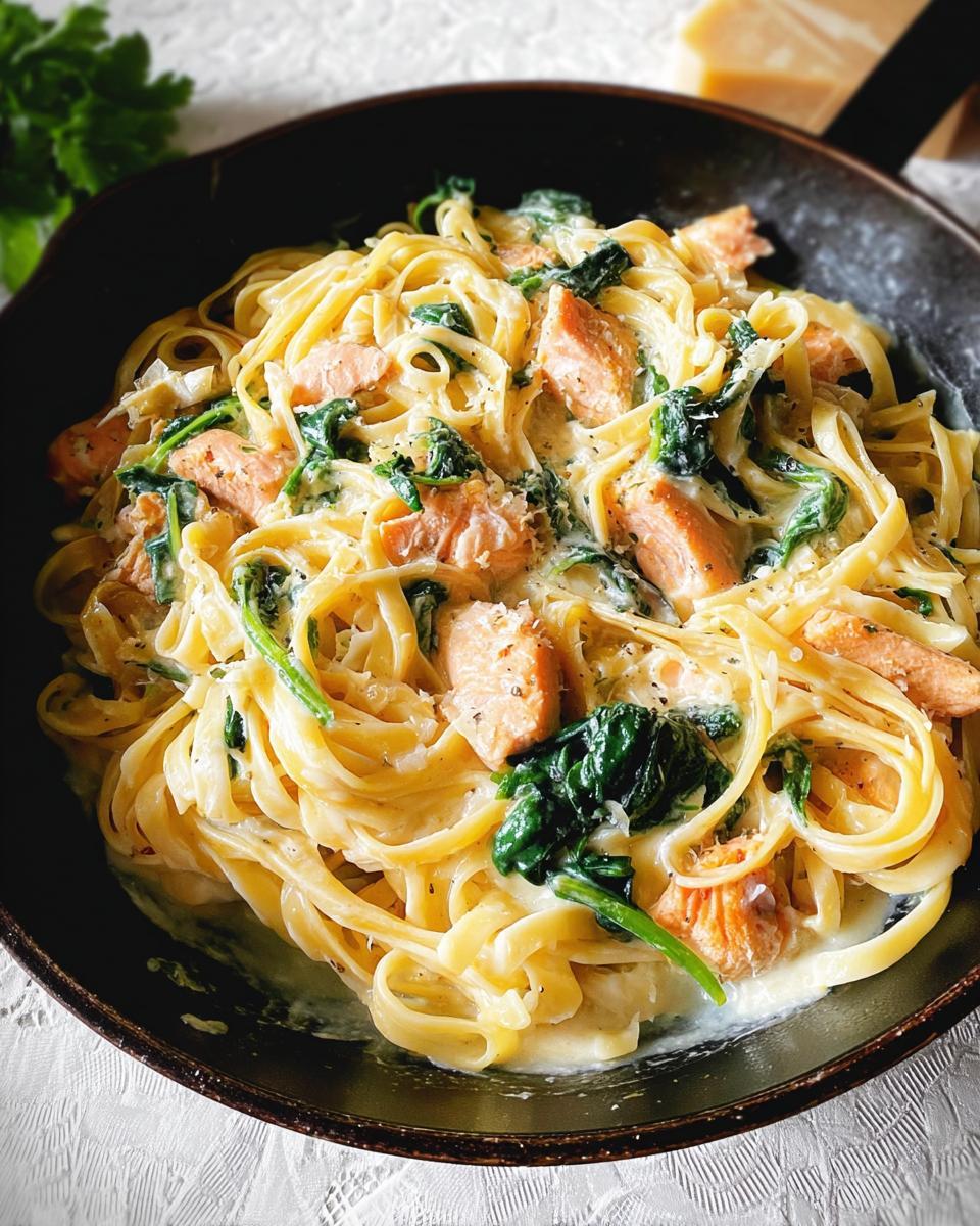 Close-up of Creamy Garlic Salmon Pasta Skillet with fettuccine, salmon chunks, and wilted spinach in a dark skillet.