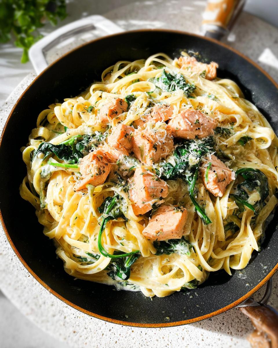 A skillet filled with Creamy Garlic Salmon Pasta Skillet, featuring fettuccine, chunks of salmon, and wilted spinach.