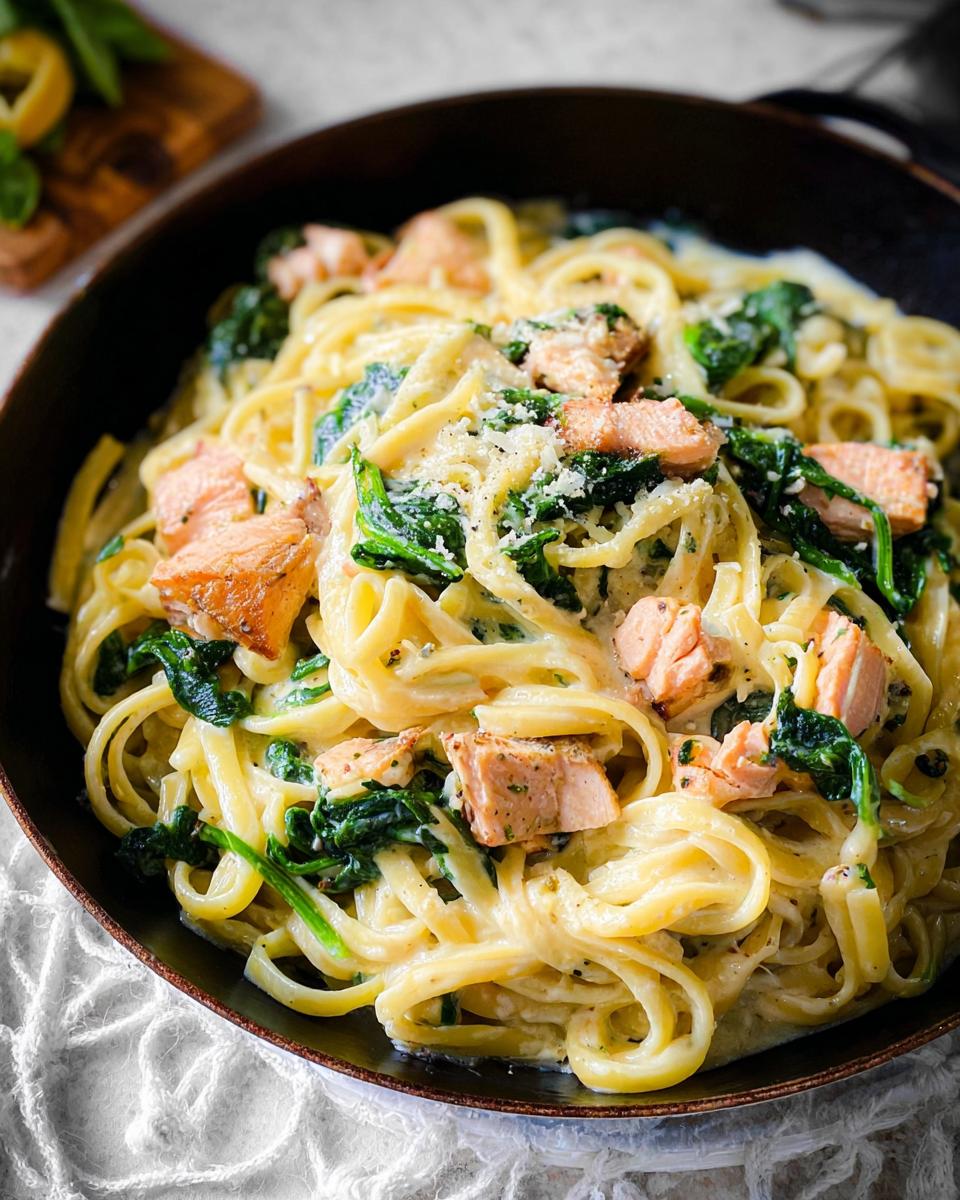 Close-up of Creamy Garlic Salmon Pasta Skillet featuring fettuccine, chunks of salmon, and wilted spinach, topped with Parmesan.