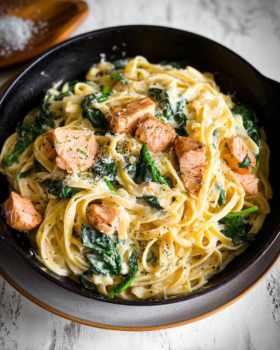 A close-up of Creamy Garlic Salmon Pasta Skillet featuring fettuccine, chunks of salmon, and wilted spinach in a rich white sauce.