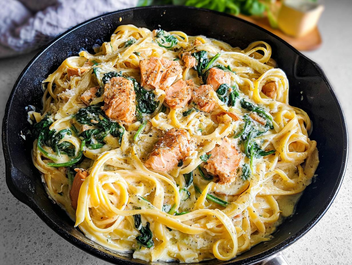Close-up of Creamy Garlic Salmon Pasta Skillet with fettuccine, salmon chunks, and wilted spinach in a black pan.