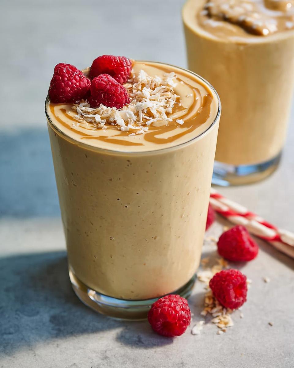 Close-up of a creamy, tan-colored High-Protein Fruit Smoothies topped with fresh raspberries and shredded coconut.