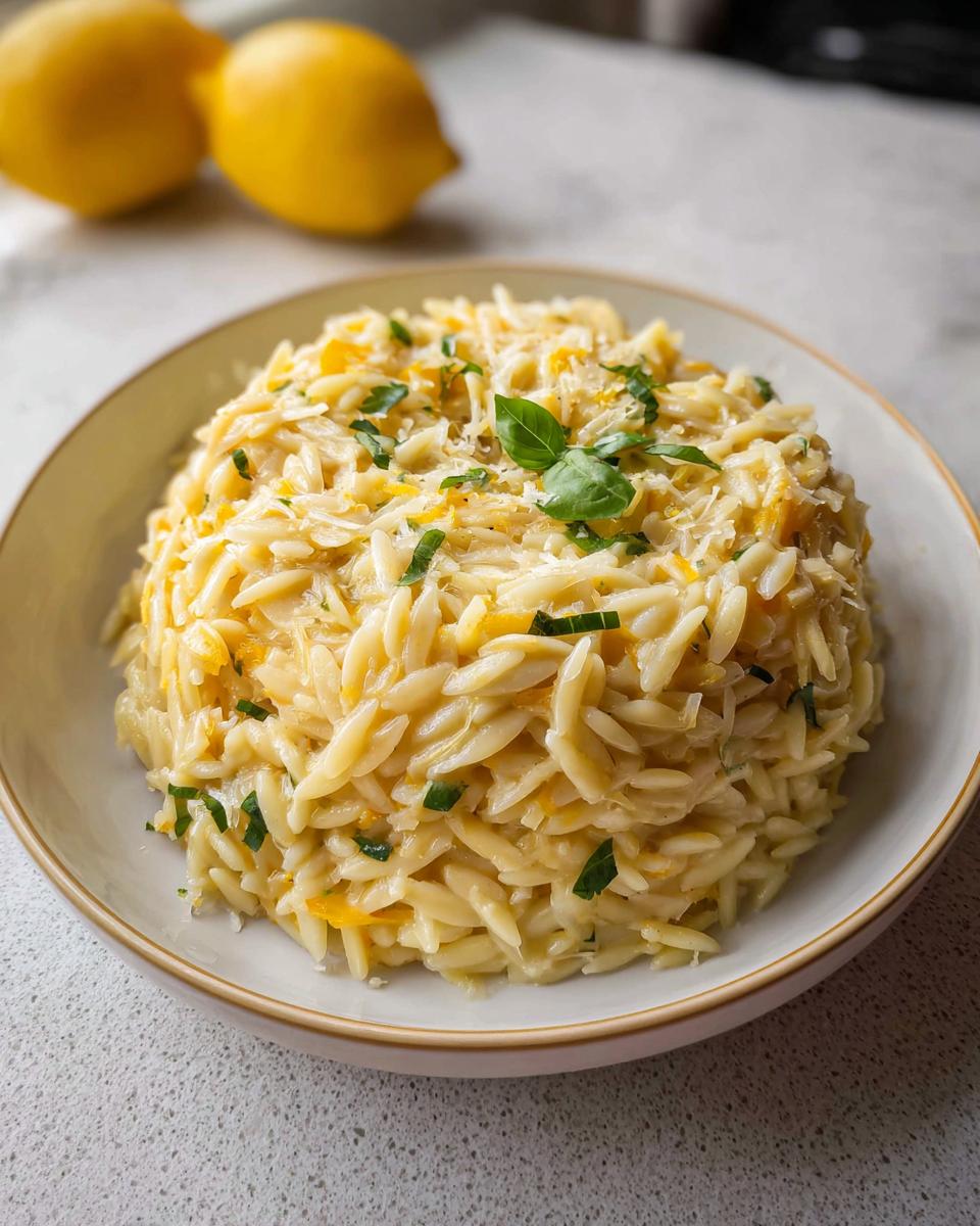 A close-up of creamy Lemon Parmesan Orzo topped with grated cheese and fresh basil leaves.