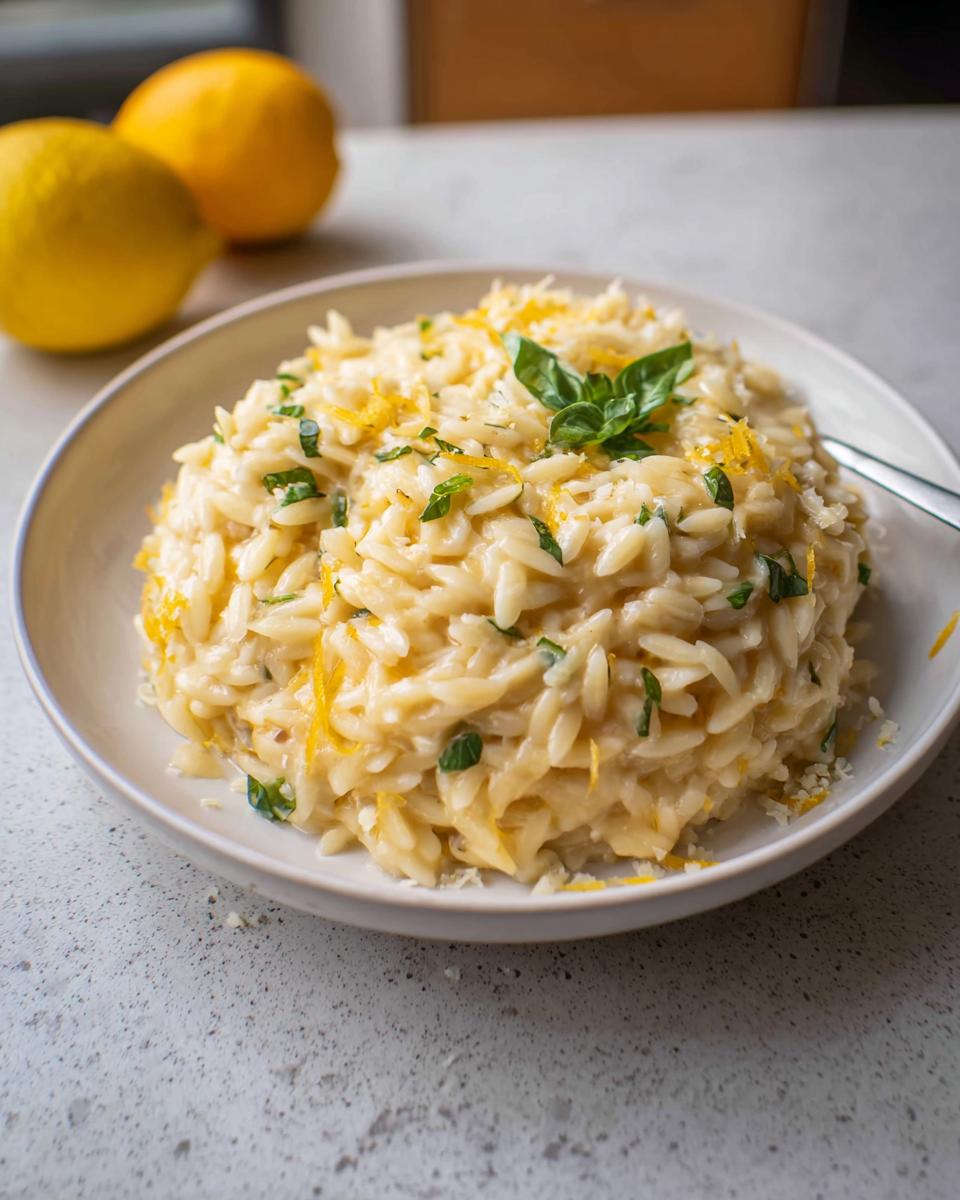 A close-up of creamy Lemon Parmesan Orzo topped with lemon zest and basil in a light bowl.