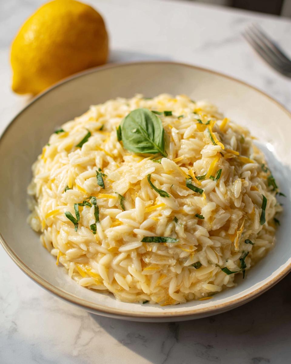 A bowl of creamy Lemon Parmesan Orzo pasta topped with fresh basil and lemon zest, with a whole lemon nearby.