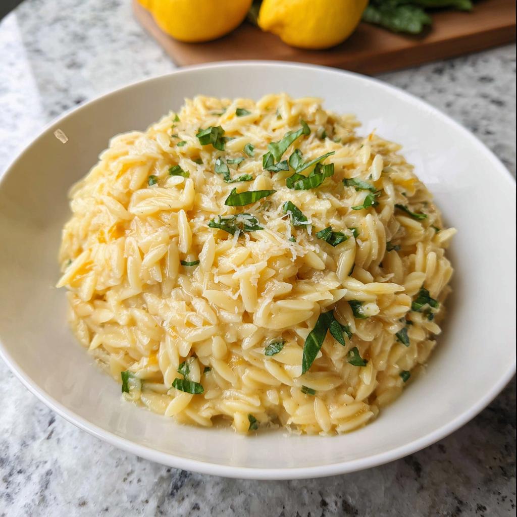 A close-up of creamy Lemon Parmesan Orzo topped with fresh basil and grated cheese in a white bowl.