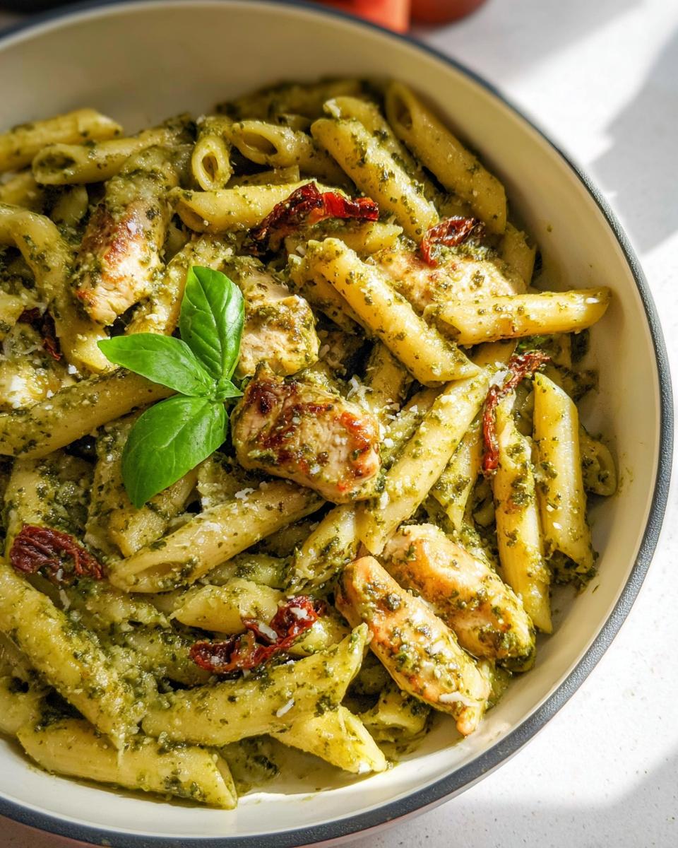Close-up of a bowl filled with Creamy Pesto Chicken Pasta, penne coated in green sauce, topped with chicken pieces and sun-dried tomatoes.