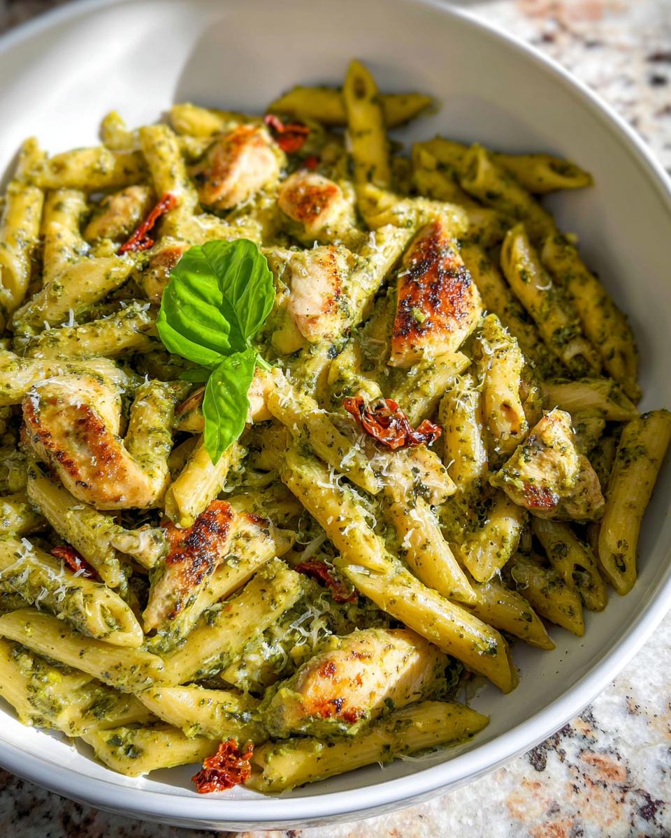 Close-up of a white bowl filled with Creamy Pesto Chicken Pasta, featuring penne, grilled chicken pieces, and sun-dried tomatoes.