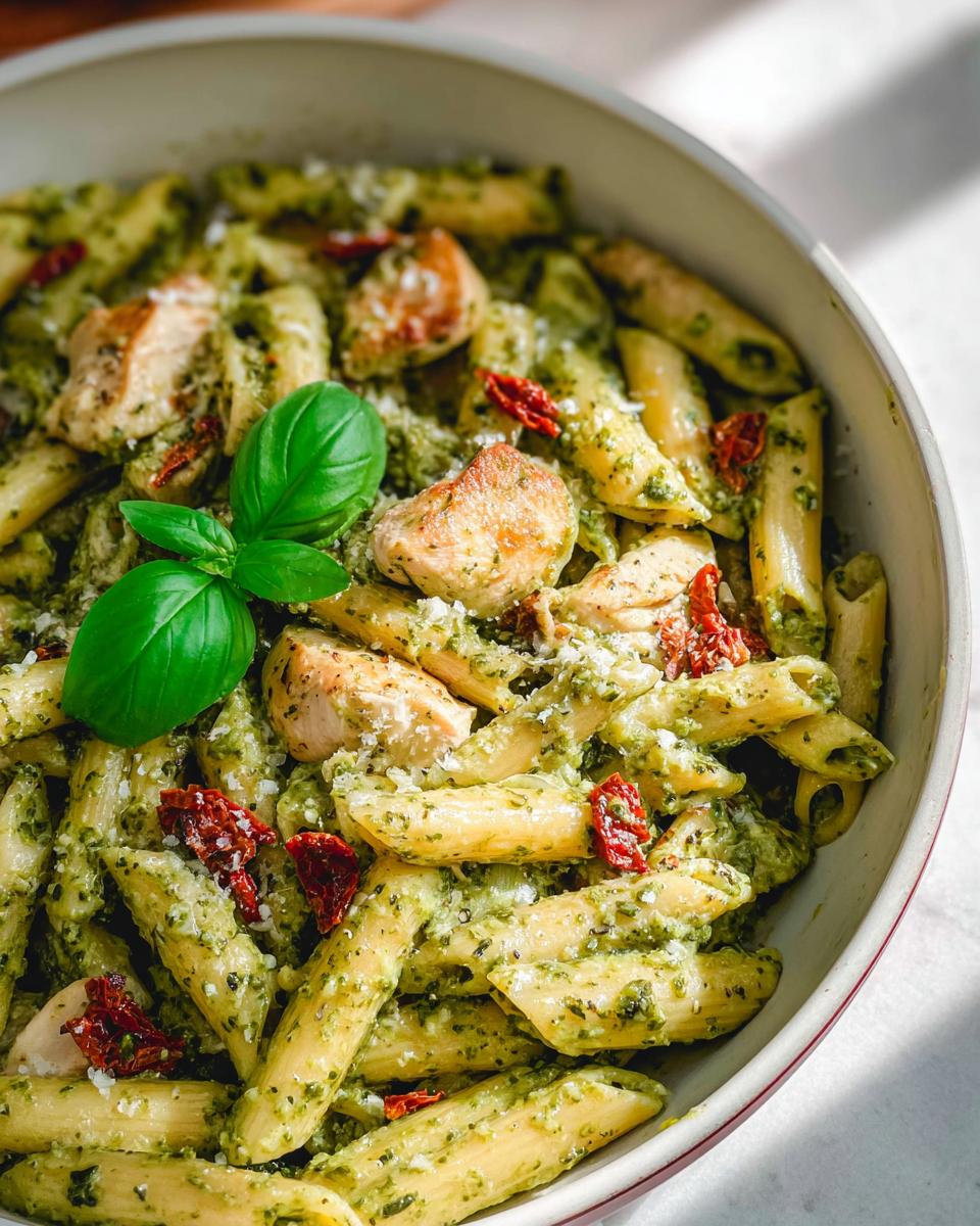 Close-up of a bowl filled with Creamy Pesto Chicken Pasta, featuring penne, chicken chunks, sun-dried tomatoes, and fresh basil.