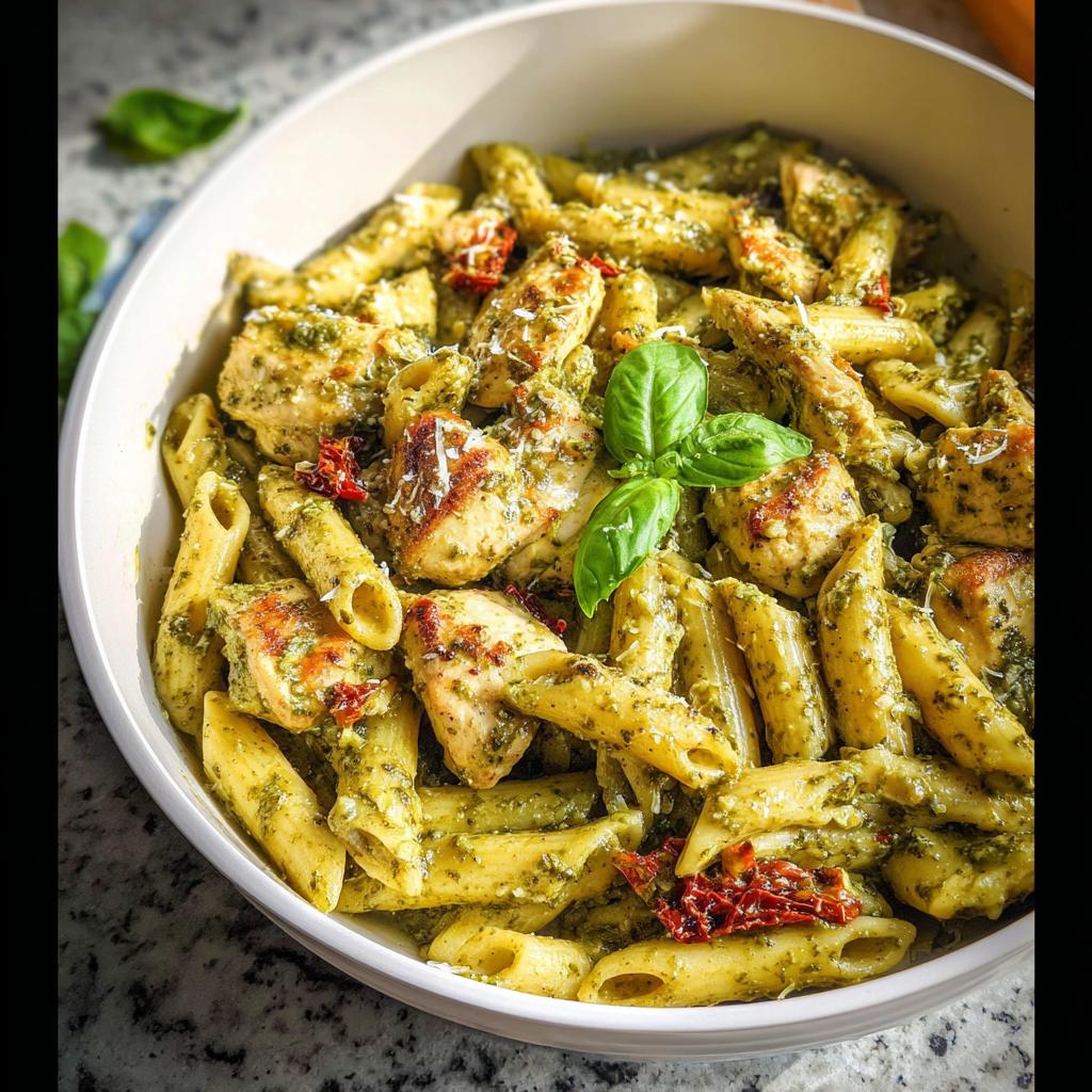 Close-up of a white bowl filled with Creamy Pesto Chicken Pasta, garnished with fresh basil leaves.